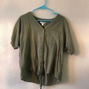 Green button up top with a tie!